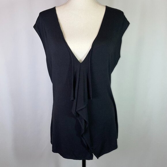Isda & Co. Tops - Isda & Co Deep V Size Large Jersey Knit Top Black Short Cap Sleeves Ruffle